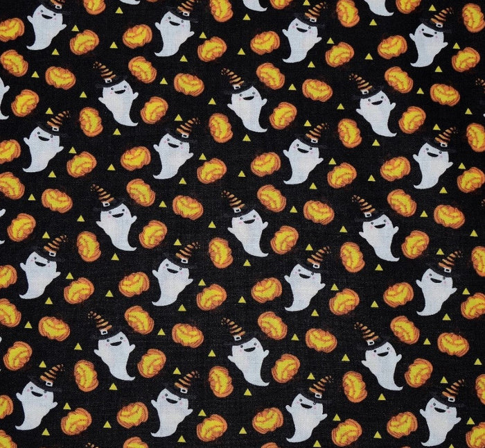 Halloween Ghosts and Pumpkins on Black 100% Cotton