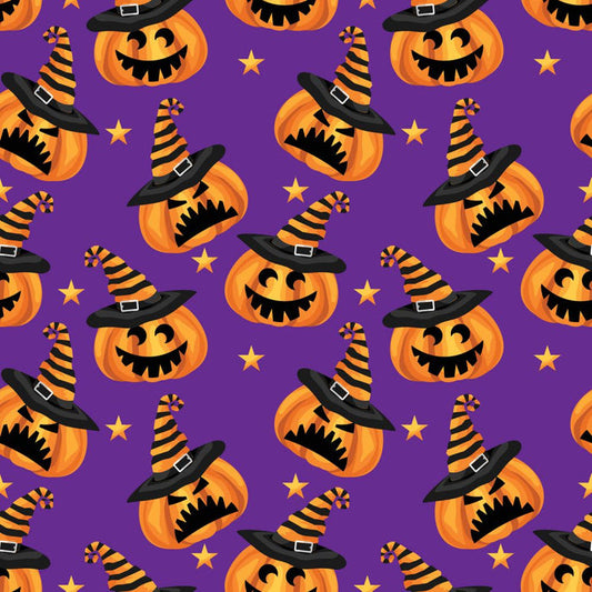 Halloween Mischievous Pumpkins on Purple 100% Cotton Price per Yard