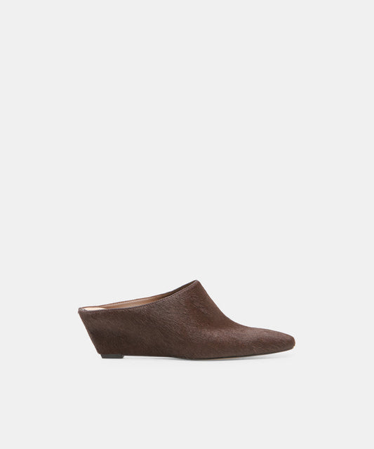 HILAH Chestnut Calf Hair Closed-Toe Slip-On Wedge Mules | Dolce Vita