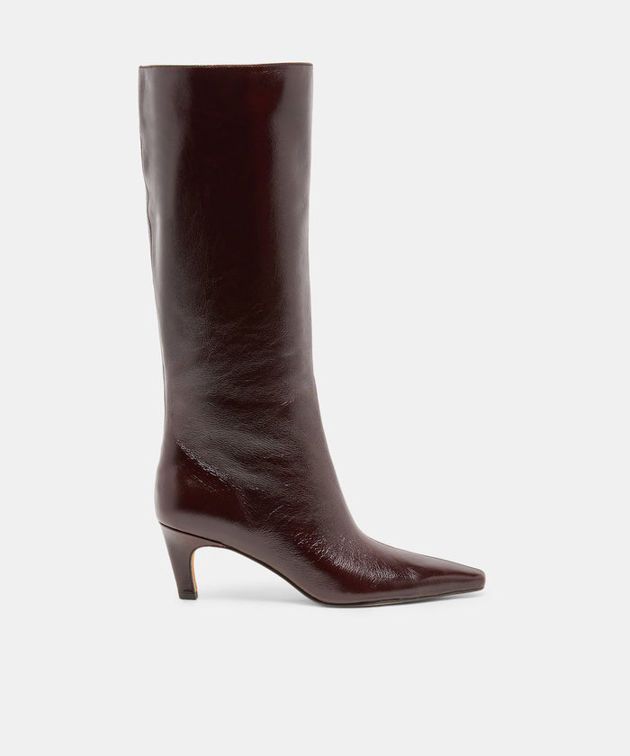 JAZMIN Black Cherry Leather Sculptural Kitten-Heel Knee-High Boots | Dolce Vita