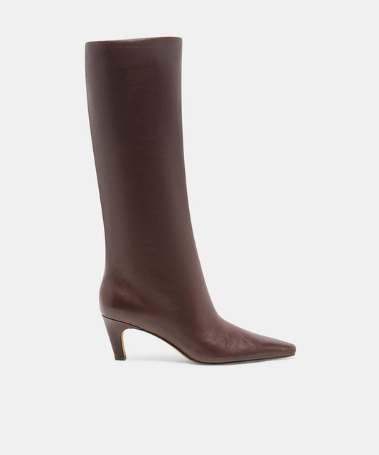 JAZMIN Dk Chocolate Leather Sculptural Kitten-Heel Knee-High Boots | Dolce Vita