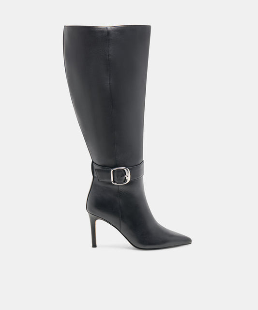 KINZY Black Leather Knee-High Stiletto Extra Wide Calf Boots | Dolce Vita