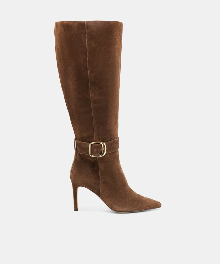 KINZY Dk Brown Suede Knee-High Stiletto Extra Wide Calf Boots | Dolce Vita