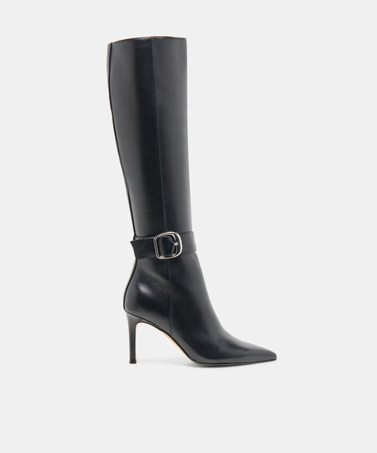 KINZY Black Leather Knee-High Stiletto Narrow Calf Boots | Dolce Vita