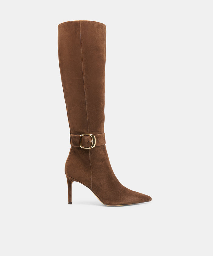 KINZY Dk Brown Suede Knee-High Stiletto Narrow Calf Boots | Dolce Vita