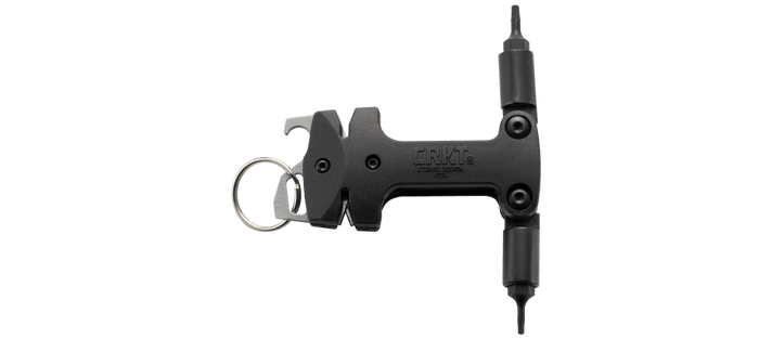 CRKT knife maintenance tool with driver bits for adjusting pivot and clip screws
