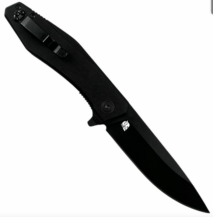Crimson M6 folding pocket knife in black on black, alternate product view of the handle