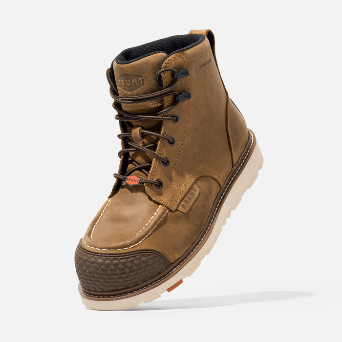 BRUNT Marin 6-inch BRUNT Toe work boot shown mid-step in a job site setting, EH rated