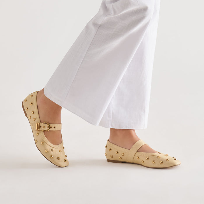 MIKEL STUD BALLET FLATS LT NATURAL RAFFIA