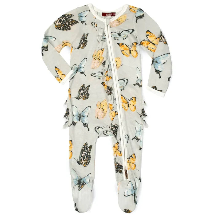 Milkbarn | Butterly Bamboo Ruffle Zipper Footed Romper