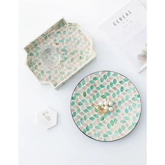 Natural Mother Of Pearl Home Decor Hand Mand Green Jewelery Display Tray PUEE