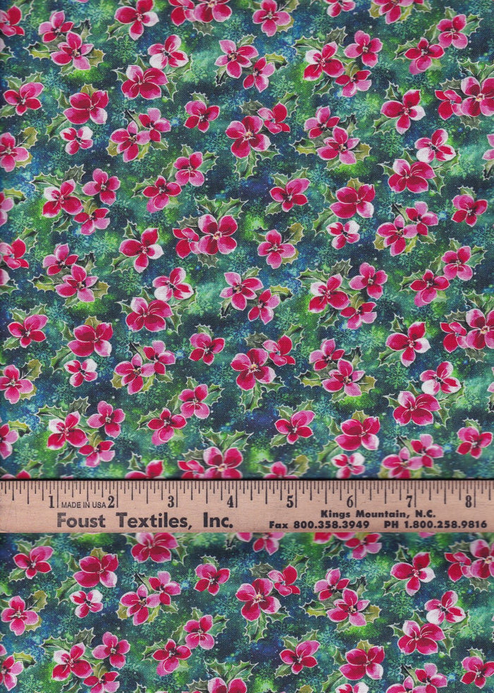 Pink Poinsettias Holly on Green Teal 100% Cotton