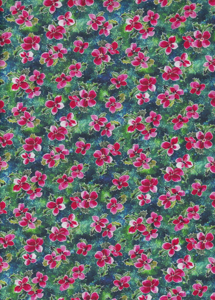 Pink Poinsettias Holly on Green Teal 100% Cotton