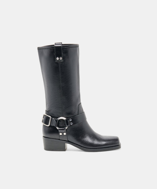 ROLAN Black Patent Leather Mid-Calf Moto Boots | Dolce Vita
