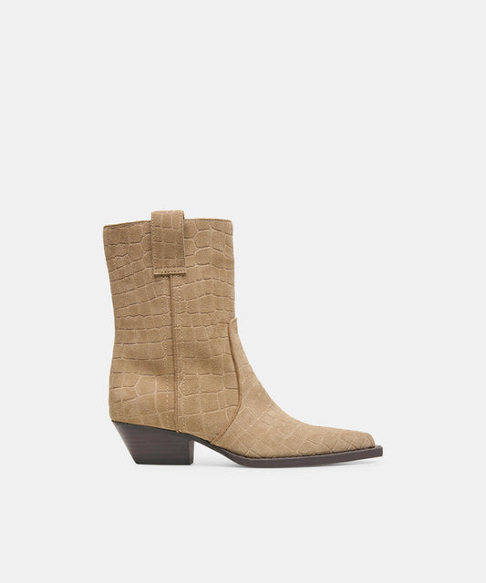 RYEN Taupe Embossed Suede Western Ankle Booties | Dolce Vita