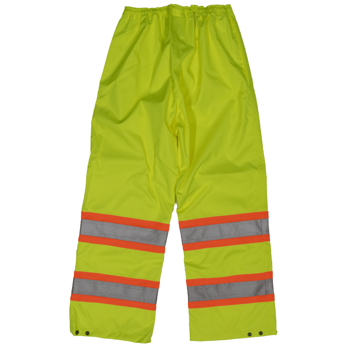 Tough Duck safety rain waist pant in solid green, back view of the reflective striping