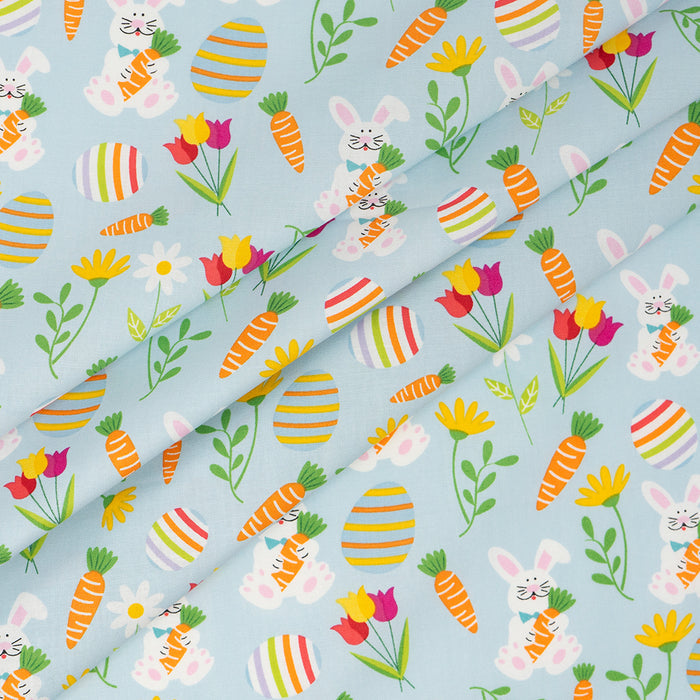 SINGER®  Fabric, 100% Cotton, 44 Inch Wide, Bunnies And Carrots On Blue, Cut by the Yard
