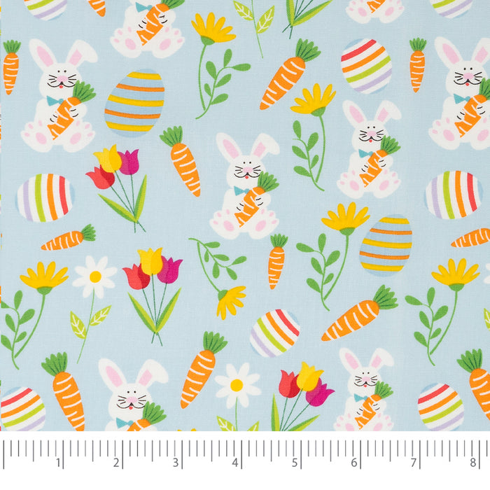 SINGER®  Fabric, 100% Cotton, 44 Inch Wide, Bunnies And Carrots On Blue, Cut by the Yard