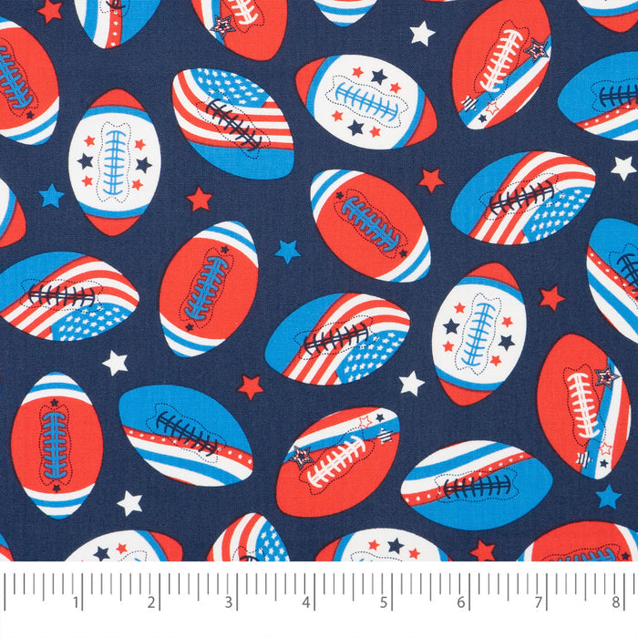 SINGER® Fabric, 100% Cotton, Flags On Footballs, Cut by the Yard