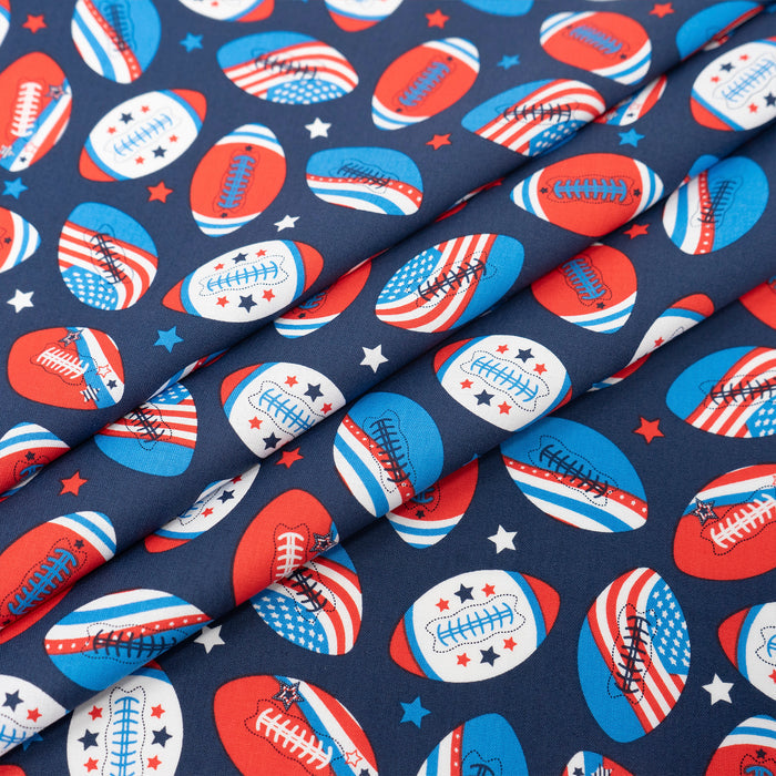 SINGER® Fabric, 100% Cotton, Flags On Footballs, Cut by the Yard