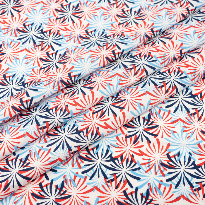 SINGER® Fabric, 100% Cotton, Red, Wht Blue Fireworks On White, Cut by the Yard