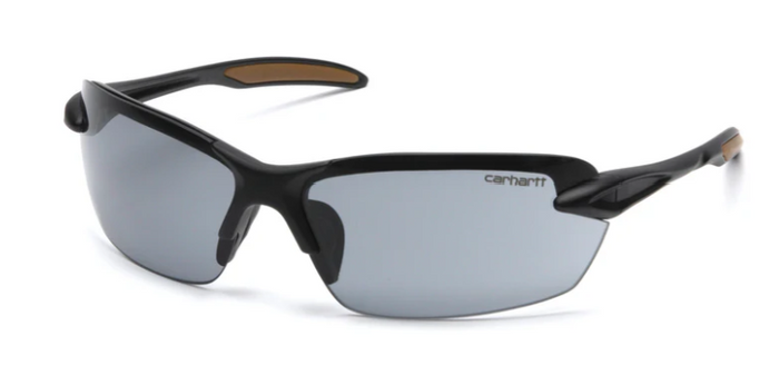 Pyramex Spokane half frame safety glasses in black with gray anti-fog lens