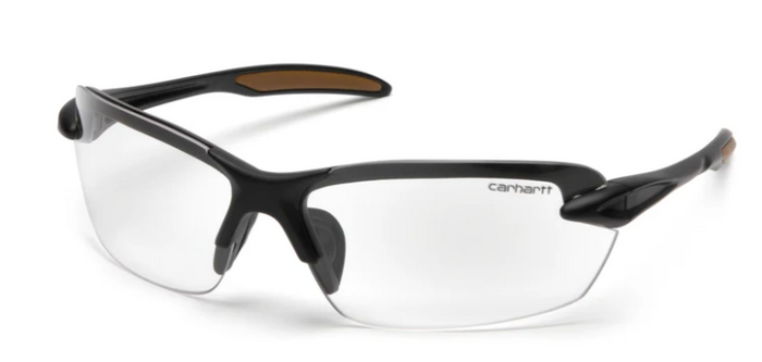 Pyramex Spokane half frame safety glasses in black with clear anti-fog lens