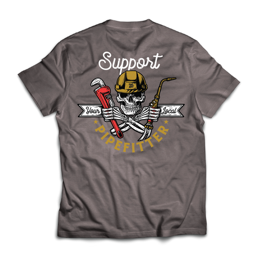 Trade Money Support Your Local Pipefitter graphic tee in grey, big and tall sizing