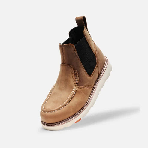 EH rated composite toe work boot by BRUNT in brown, detail view of the full grain leather upper