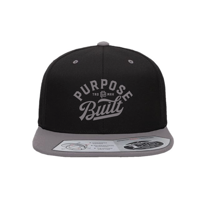 Purpose-Built script logo Gameday FlexFit snapback hat in black and grey