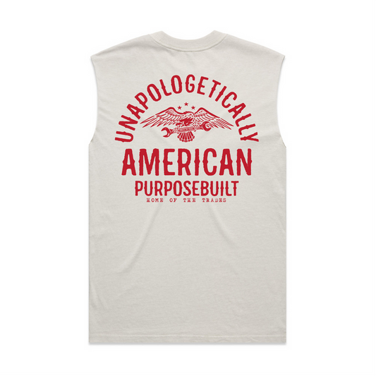 Unapologetically America heavyweight muscle tee in faded bone, available in big and tall sizes