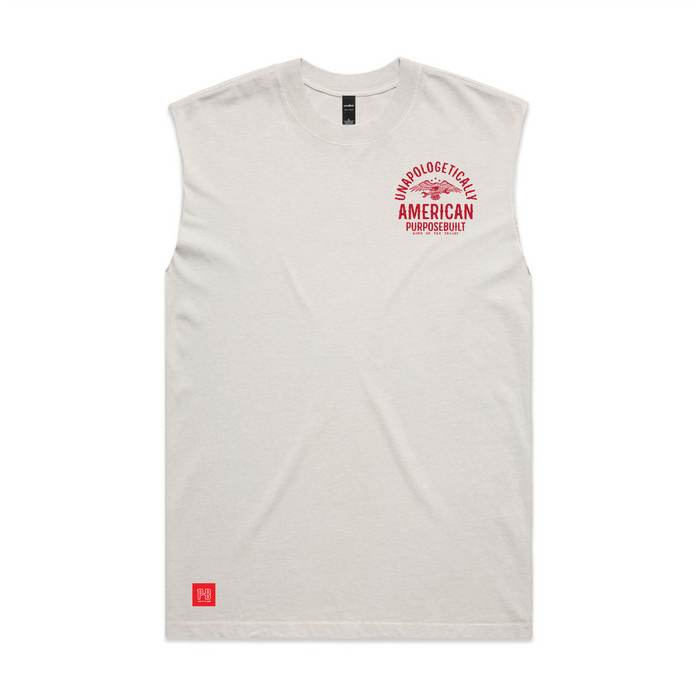 Unapologetically America sleeveless muscle tee in faded bone, additional product view of the print