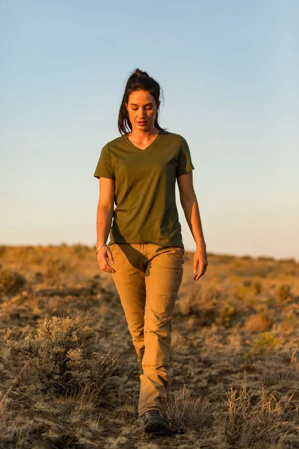 Women's stretch canvas work pant by Dovetail in sawdust brown, view of the durable canvas fabric