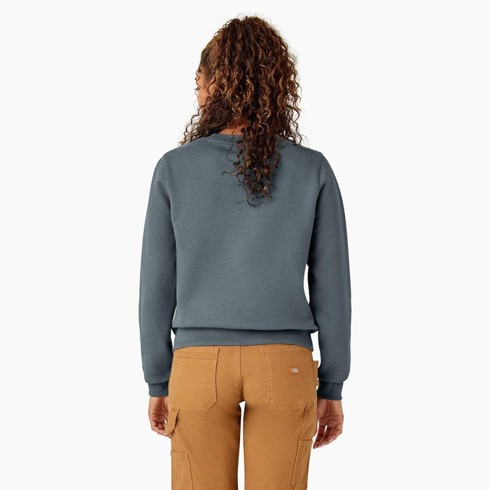 Dickies women's water repellent logo sweatshirt in stormy weather, back view