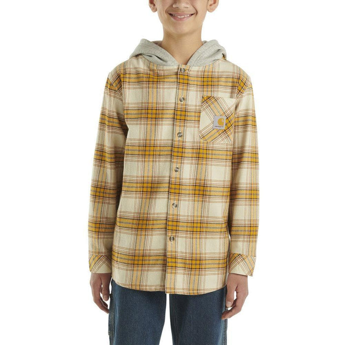 Carhartt youth long sleeve hooded flannel shirt in golden yellow